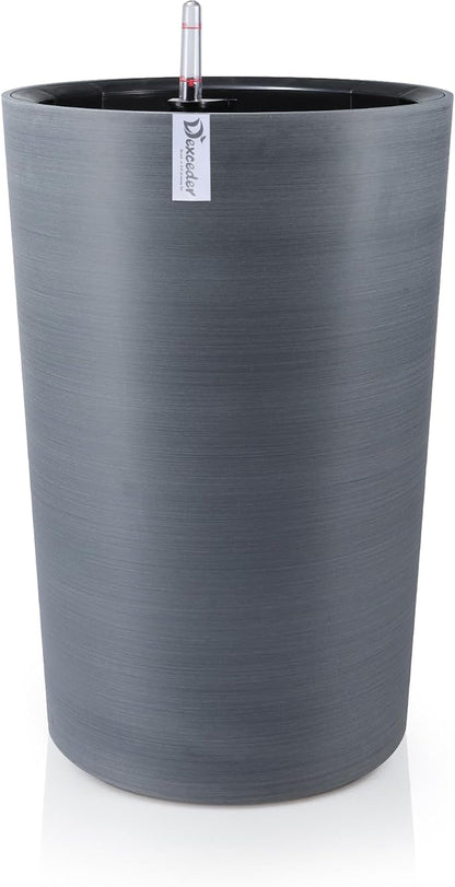 Dexceder 16x12 Self Watering Tall Planter (Gray, Wire Drawing) | High Cylinder, Thickened Large Floor Standing Flower Plant Pot with Water Level Indicator Indoor Outdoor
