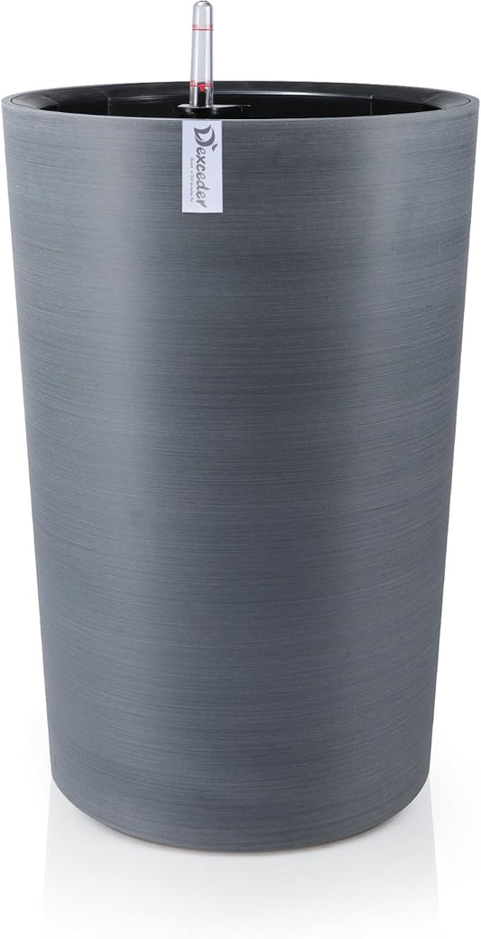 Dexceder 16x12 Self Watering Tall Planter (Gray, Wire Drawing) | High Cylinder, Thickened Large Floor Standing Flower Plant Pot with Water Level Indicator Indoor Outdoor