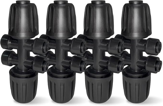 4 Pack 1/2'' to 1/4'' Drip Irrigation Fittings, Push-to-Fit 6 Way Drip Irrigation Part Barbed Tee Connectors, Anti-Leak Locked Splitter Fitting for 1/2" Irrigation Tubing (0.6''-0.67''OD)
