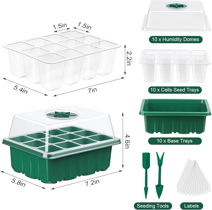 10 Pcks Seed Starter Tray 120 Cells Seed Starter Kit with Humidity Dome, Seed StartingTrays for Seed Seedling Planting Starter, Mini Greenhouse Plant Germination Trays（Green）