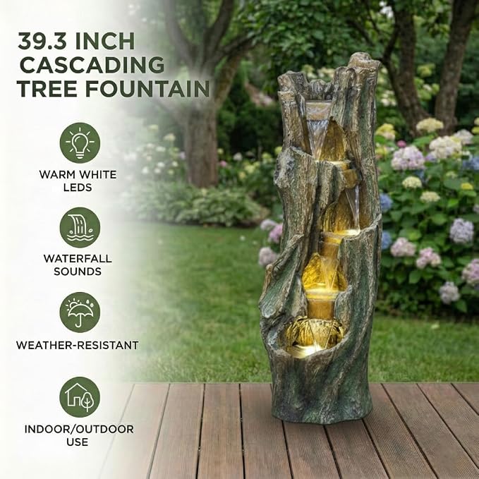 Outdoor Waterfall Fountain with LED Lights, Freestanding Tree Design Garden Water Feature, Fiberglass Resin Construction, Easy Setup for Patio Backyard Lawn Porch