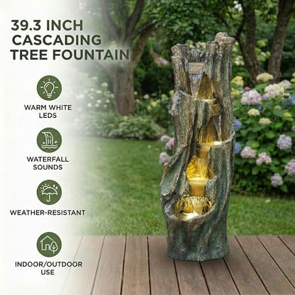 Outdoor Waterfall Fountain with LED Lights, Freestanding Tree Design Garden Water Feature, Fiberglass Resin Construction, Easy Setup for Patio Backyard Lawn Porch