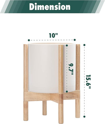 D'vine Dev Plastic Pot with Natural Wood Stand, Oatmeal, 10 in, 55-C-M-4 | Mid-Century Inspired Design, Elevated Plant Display, Clean Lines, Sturdy Support, Modern Space-Saving Style