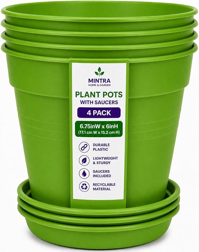 Mintra Garden Pots, 4 Pack Bulk Plastic Plant Pots with Drainage Tray, Round Indoor & Outdoor Decorative Planters with Drain Holes for Flowers, Herbs & Plants, 17cm Diameter – Light Green, 6.6 in