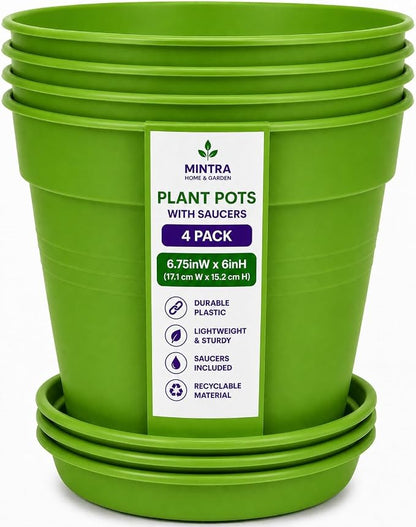 Mintra Garden Pots, 4 Pack Bulk Plastic Plant Pots with Drainage Tray, Round Indoor & Outdoor Decorative Planters with Drain Holes for Flowers, Herbs & Plants, 17cm Diameter – Light Green, 6.6 in