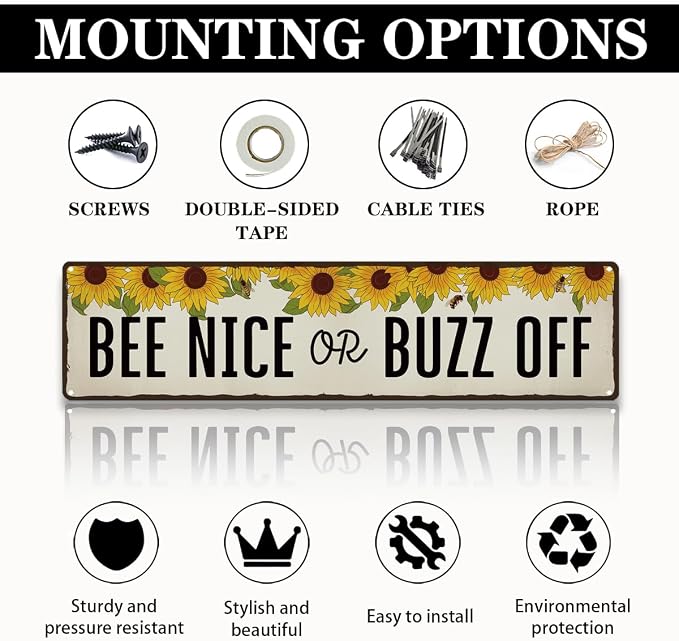 Honey Garden Metal Tin Sign, Funny Vintage Farmhouse Decor, Bee Nice or Buzz Off Sign, for Yard Fence Door Porch, Indoor Outdoor Garden Decoration, Ideal for Bee Lovers, 15.7 x 3.9 Inches
