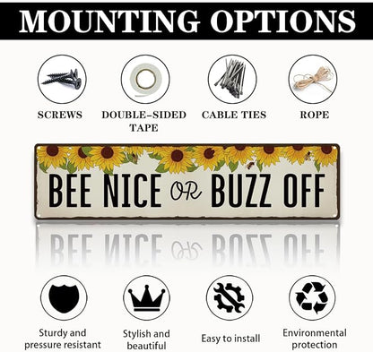 Honey Garden Metal Tin Sign, Funny Vintage Farmhouse Decor, Bee Nice or Buzz Off Sign, for Yard Fence Door Porch, Indoor Outdoor Garden Decoration, Ideal for Bee Lovers, 15.7 x 3.9 Inches