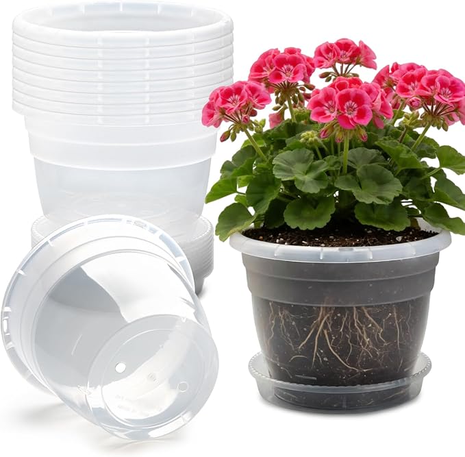 RooTrimmer 8 Inch Clear Nursery Pots with Drainage Holes and Clear Saucers,Transparent Flower Planters for Indoor Outdoor Plants,Thick Plant Pots for Herbs Succulents (10 Pack)