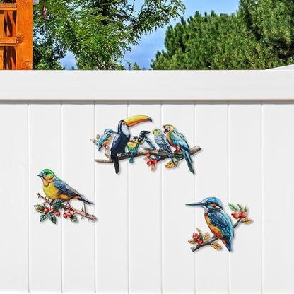 3 Pcs Metal Birds Wall Art Garden Decor, 3D Colorful Birds Outdoor Wall Art Yard Patio Fence Decoration, Hummingbird Parrot Toucan Wall Hanging Sculpture Outside Gift for Women Mom