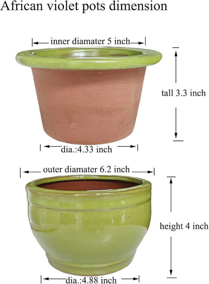 African Violet Pots Self Watering Round Ceramic Violet Pot (Green, 6 inch)