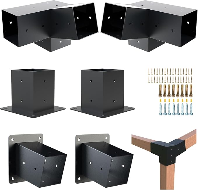 Pergola Kit, 15° 3-Way Slanted Roof Pergola Bracket Set, Powder-Coated Roof Wall Mount Pergola Brackets 4"x 4"(Actual: 3.5x3.5 Inch), Pergola Hardware for Porch Gazebo Backyard (6 pcs), Black