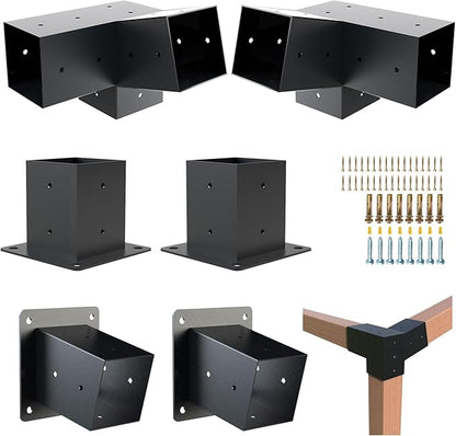 Pergola Kit, 15° 3-Way Slanted Roof Pergola Bracket Set, Powder-Coated Roof Wall Mount Pergola Brackets 4"x 4"(Actual: 3.5x3.5 Inch), Pergola Hardware for Porch Gazebo Backyard (6 pcs), Black