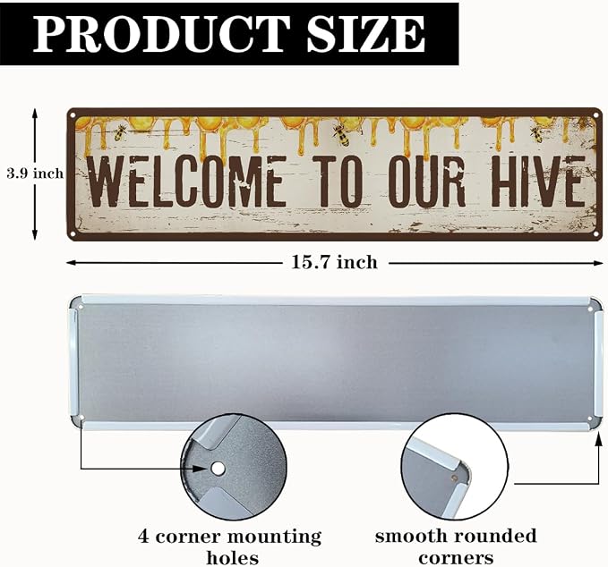 Garden Metal Tin Sign Bee Decor, Vintage Farmhouse Wall Art, Welcome to Our Hive Sign, for Yard Fence Door Porch, Rustic Indoor Outdoor Garden Decoration, 15.7 x 3.9 Inches