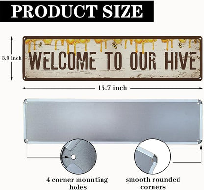 Garden Metal Tin Sign Bee Decor, Vintage Farmhouse Wall Art, Welcome to Our Hive Sign, for Yard Fence Door Porch, Rustic Indoor Outdoor Garden Decoration, 15.7 x 3.9 Inches