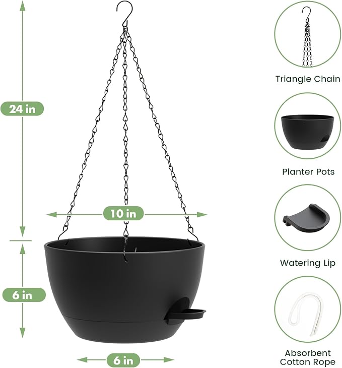 3 Pack 10 Hanging Flower Pots with Chains Self Watering Plastic Planters for Indoor Outdoor Plants, Sturdy Triangular Iron Chain Design for Garden PorchPlastic Hanging Flower pots (3, Black)