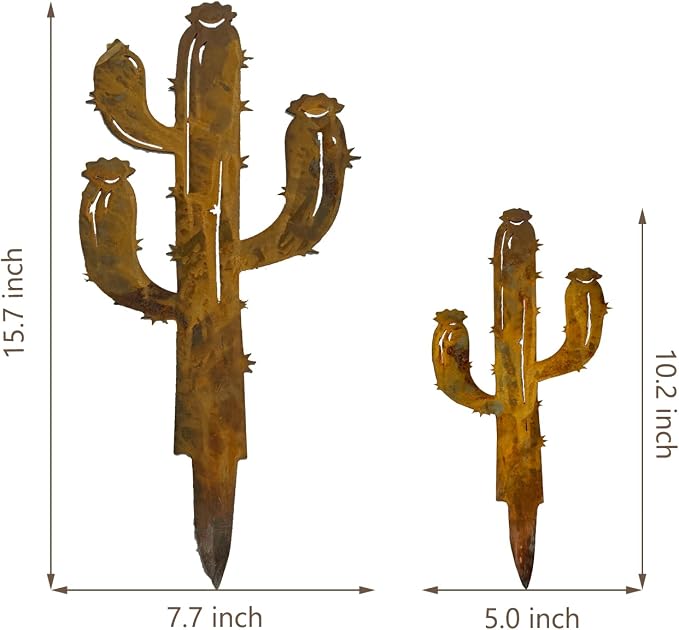 2PCS Rusty Saguaro Cactus Decorative Garden Stakes, New Mexico Gifts for Women Mom Grandma Wife, Desert Yard Outdoor Decor, Metal Cactus Statues for Yard Art, Patio, Lawn Ornaments