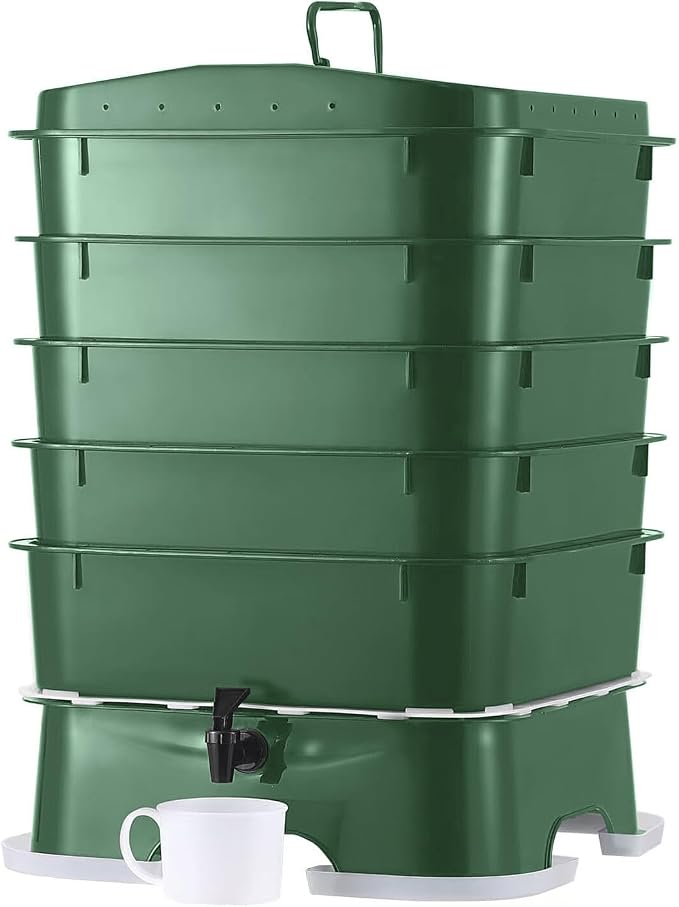 ® Plus US Made 5 – Tray Worm Composter -Forest Green,Sustainable Design for Both Indoor & Outdoor, Worm Compost Bin for Vermicomposting Starter, Recycling Food Wastes