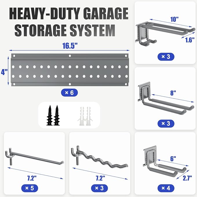 Garage Tool Organizer Wall Mount 99 inches with 18 Adjustable Heavy-Duty Hooks, Garage Organization, Garden Tool Storage Rack, Yard, and Shed, Holds Up to 750 lbs (Grey)