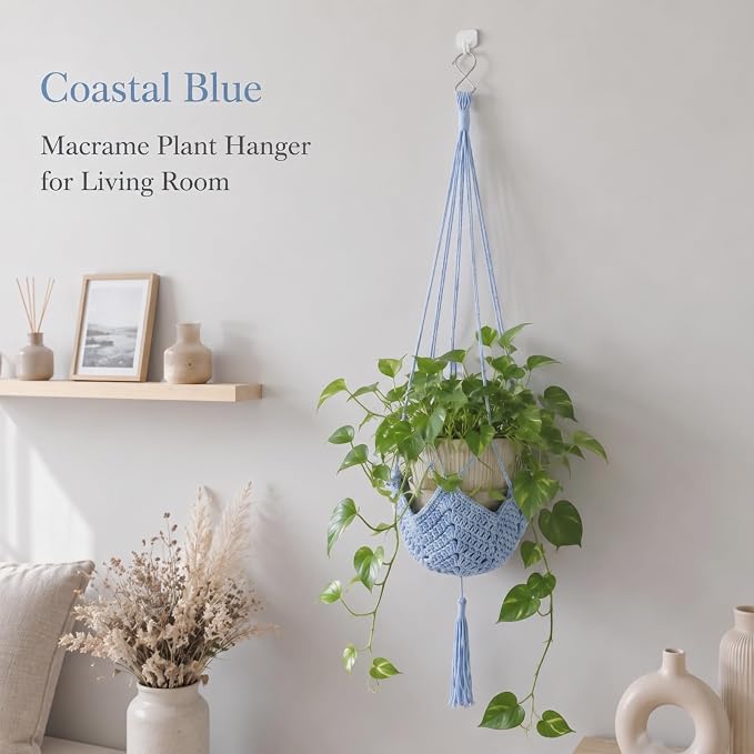 Shappy 1 Pack Boho Macrame Plant Hanger, Large Hanging Planter Plant Holder Pot Hanger Hanging Basket Wall Planters, Plants Lover Gift for Indoor Garden (Classic,Light Blue)