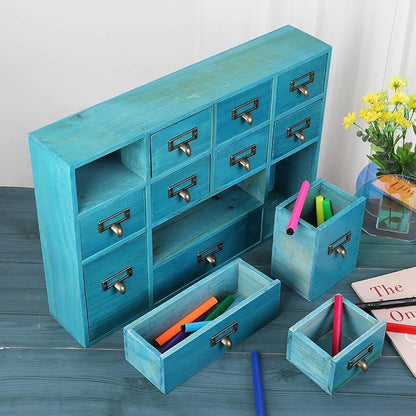 Apothecary Drawers Apothecary Cabinet with Drawers, Blue | 12 Drawer Library Card Catalog, Wooden Storage Box, Wooden Desktop Organizer with Metal Handles-Fulled Assembled
