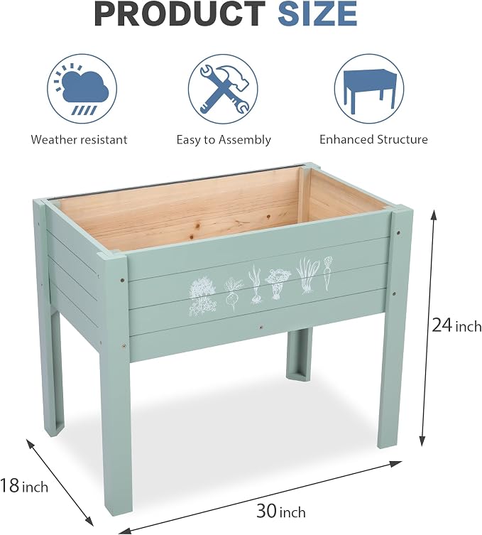 Raised Garden Bed with DIY Chalkboard, 30 x 24 x 18 Inch Wooden Elevated Raised Garden Bed, Outdoor Planter Box with Legs for Vegetables Grass Lawn Yard, Green
