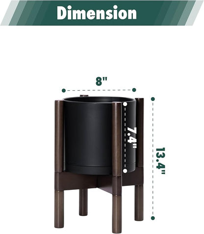 D'vine Dev Plastic Pot with Walnut Wood Stand, Black, 8 in, 55-C-I-2 | Mid-Century Inspired Design, Elevated Plant Display, Clean Lines, Sturdy Support, Modern Space-Saving Style