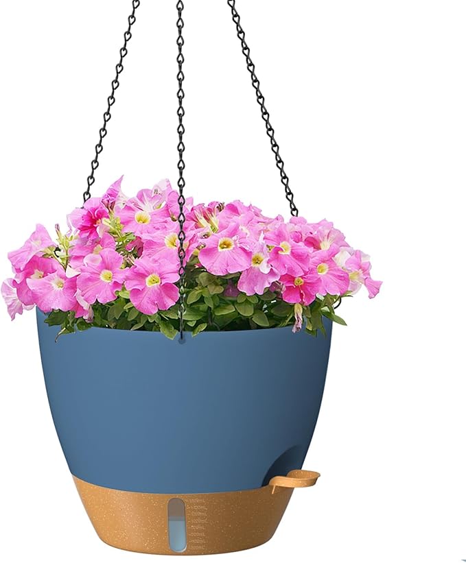 ZMTECH 12 Inch Large Self Watering Hanging Planters for Indoor Outdoor Plants - Water Level Indicator & Removable 60 Oz Reservoir, 1 Pack Plastic Hanging Basket for Window Porch Garden Balcony, Blue
