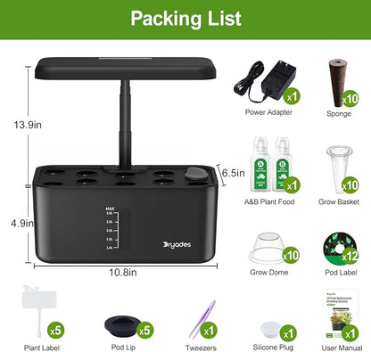 Indoor Garden Hydroponics Growing System - 10 Pods Plant Germination Kit Herb Vegetable Countertop with Grow Lamp Quiet Pump - Hydrophonic Planter Grower