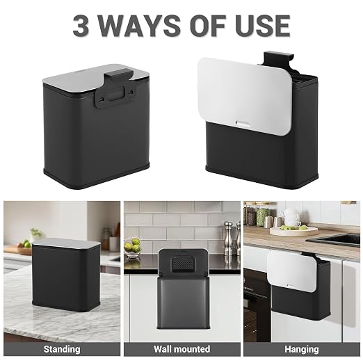 1.3 Gallon/5L Slim Stainless Steel Trash Can with Lid, Odor Control Charcoal Filter, Removable Bucket, Hanging/Wall Mounted/Standing Waste Bin for Kitchen, Bathroom, Bedroom, Office - Black
