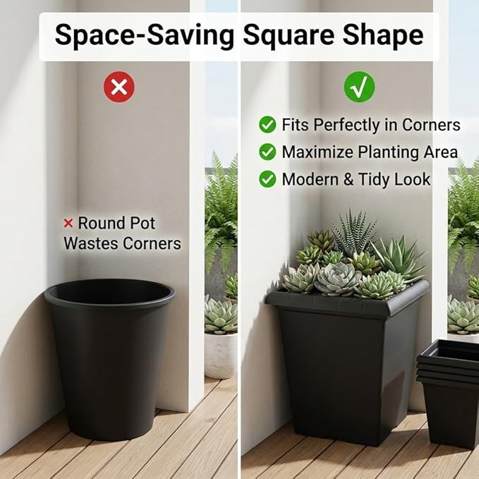 10 inch Square Planters - 4 Pack Deep 13 inch Plastic Plant Pot with Drainage Holes & Raised Feet, Matte Black 4 Gal Heavy Duty Thick Indoor Outdoor Flower Pot for Trees, Roses, Tomatoes