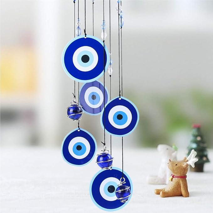 YU FENG 19 Inch Blue Evil Eye Wind Chimes for Outside Garden | Metal Hanging Windchime, Glass Bead Design, Rainbow Light Catcher, Outdoor Yard Patio Home Decoration