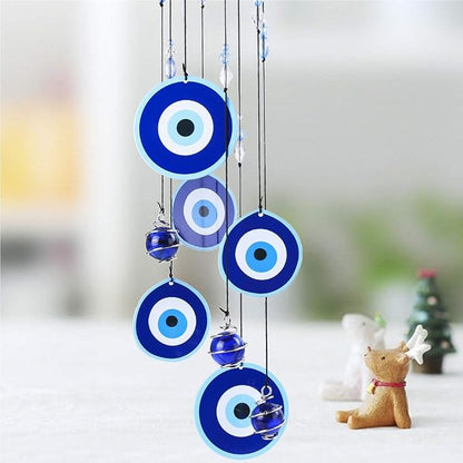YU FENG 19 Inch Blue Evil Eye Wind Chimes for Outside Garden | Metal Hanging Windchime, Glass Bead Design, Rainbow Light Catcher, Outdoor Yard Patio Home Decoration