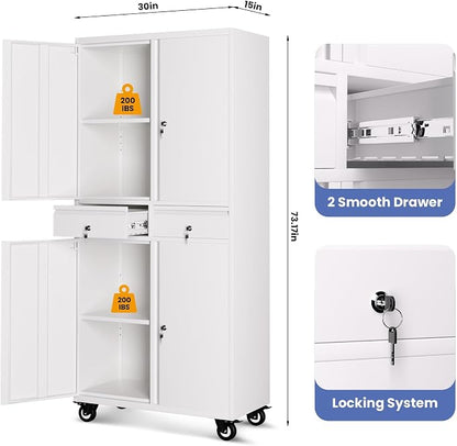 Metal Storage Cabinet with Wheels, 72” Rolling Garage Organizer with Locking Doors & 2 Drawers, Heavy Duty Steel Tool Cabinet with 3 Adjustable Shelves, Lockable Filing Cabinet for Home Office