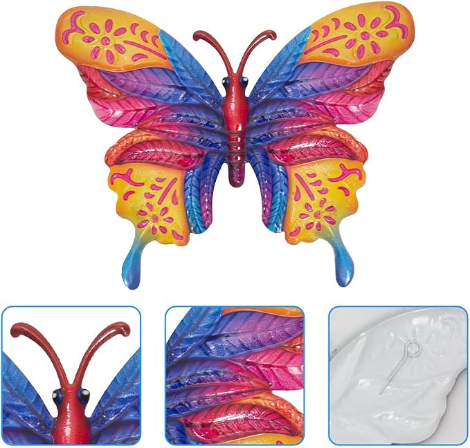 dreamskip 4 Pcs Butterfly Wall Decor Art, Metal Butterflies Outdoor Wall Art with Colorful Leaves, Hand Painted Outdoor Decor For Garden, Yard, Fence, Patio Decoration