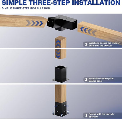 Pergola Kit, Slanted Roof Pergola Bracket, 3-Way Brackets with Post Base Kit, Log Cabin Outdoor 4"x 4" (Actual 3.5" X 3.5") Lumber