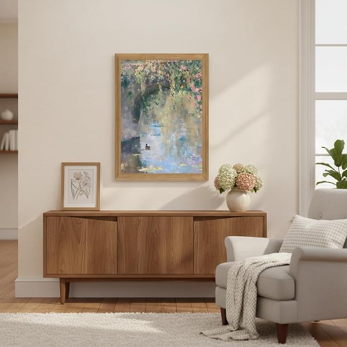 Framed Monet Wall Art, Water Lilies Pond Landscape Canvas Print, 12x16 | Vintage floral pond art in rustic wood frame for bedroom, bathroom, living room or French country decor