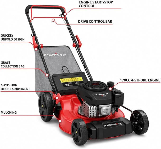 PowerSmart 21" Gas Self-Propelled Lawn Mower for Hills & Medium Yards | 170cc OHV | 3-in-1 Mulching/Bagging/Discharge | 6-Position Height | Alloy Steel Deck | Easy Start | Rear-Wheel Drive