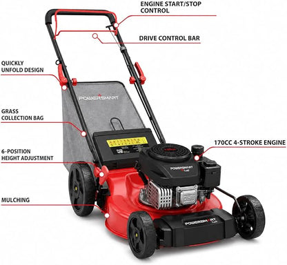 PowerSmart 21-Inch Gas Self-Propelled Lawn Mower, 170cc OHV Engine, Reinforced Steel Deck, 3-in-1 Bagging/Mulching/Rear Discharge, 6 Cutting Heights (1.5"–3.9"), 10" Rear Wheels, Foldable Handle