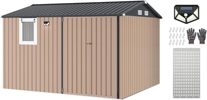 Garvee 10 x 8 FT Heavy-Duty Metal Outdoor Storage Shed with Motion Sensor Solar Light and Window,Pegboard Tool Organizer, Lockable Doors and 4 Air Vents, Garden Shed for Patio, Garage, Backyard | Motion Sensor Light, Window, Pegboard Tool Organizer, Lo...