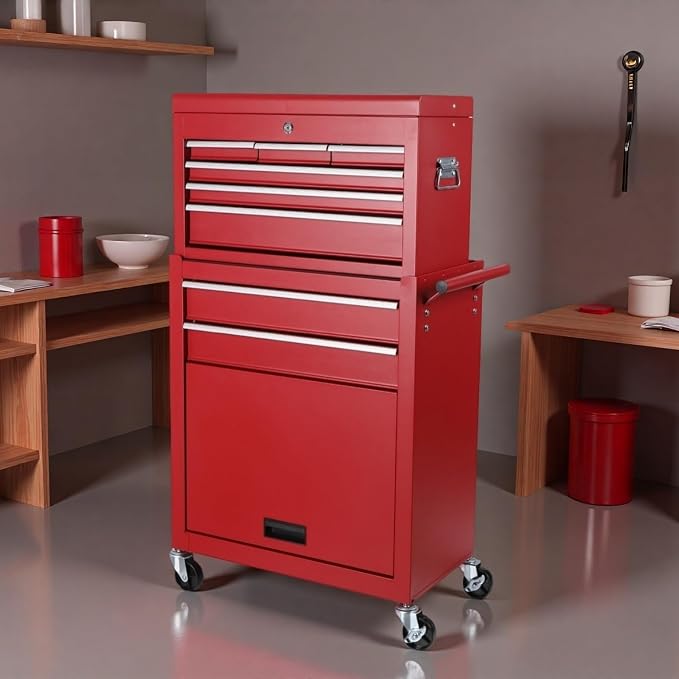 Tool Chest, 8-Drawers Rolling Tool Storage Cabinet with 2-in-1 Detachable Tool Box, Liner, Lockable Wheels, Side Hooks, Multifunctional Metal Tool Cart for Garage Warehouse, Red