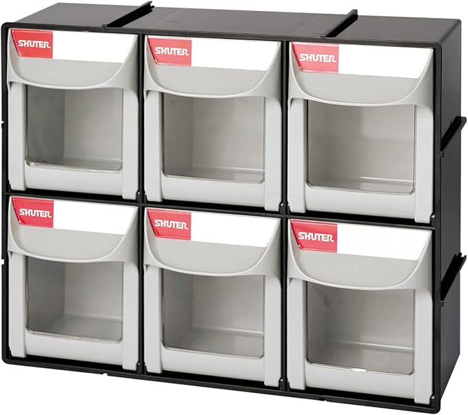 SHUTER Tilt Out Storage Cabinet w/6 Removeable Drawers, Plastic Small Parts Organiser, Stackable Storage Drawers, Tip Out Bin Kits-Included, Sewing Craft Storage Bins, Black FO-306-BK