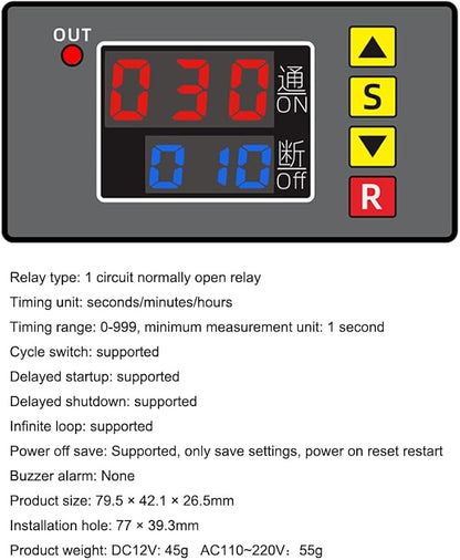 2PCS Programmable Time Controller Timer Delay Relay Module 20A 1500W Switch Type Passive Output Timer Switch LED Digital Display (AC110~220V Upgraded Version)