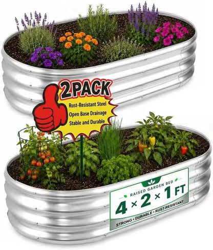 HOOPLE 2 Pack Raised Garden Bed 4x2x1FT, Galvanized Metal Raised Garden Bed Outdoor, Oval Design with Open Base for Better Drainage, Compact Garden Bed for Vegetables, Herbs & Flowers
