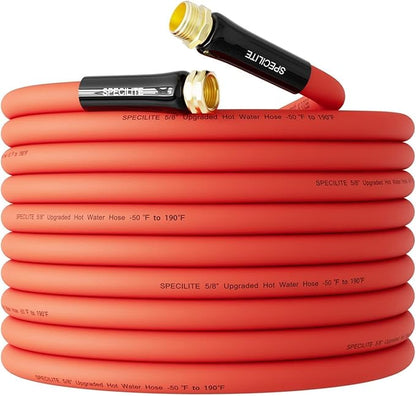 SPECILITE 5/8" Hot/Cold Rubber Garden Water Hose 50ft, -50℉-190℉, 200psi Working, 600psi Burst, Flexible & Lightweight With 3/4" Brass Fittings for Yard, Outdoor, Farm, Agriculture, Construction, Red