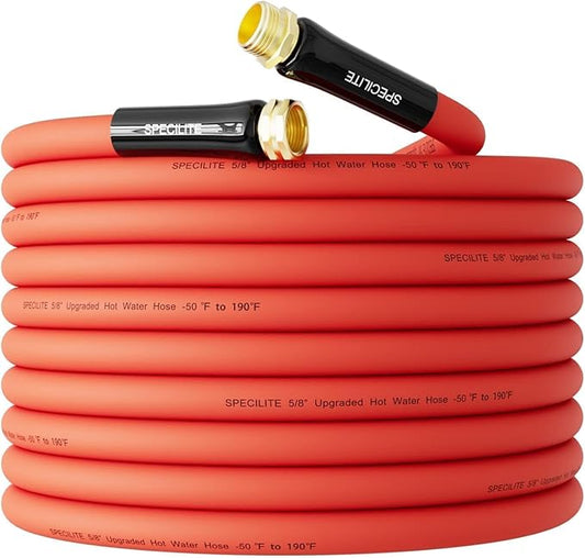 SPECILITE 5/8" Hot/Cold Rubber Garden Water Hose 50ft, -50℉-190℉, 200psi Working, 600psi Burst, Flexible & Lightweight With 3/4" Brass Fittings for Yard, Outdoor, Farm, Agriculture, Construction, Red