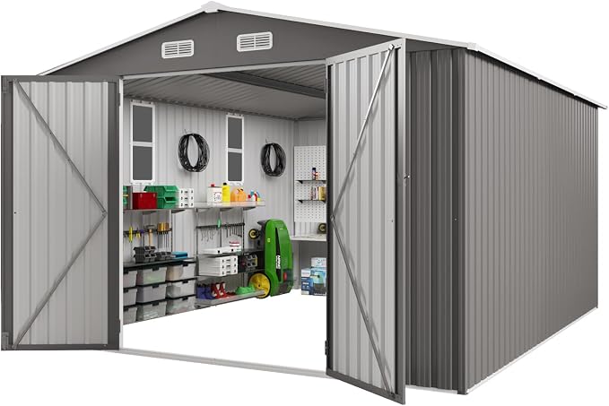 10x12FT Outdoor Storage Shed,Waterproof Large Metal Garden Shed with Double Door and Two Translucent Windows,Vents,Tool Shed for Backyard Patio Lawn Poolside,Gray
