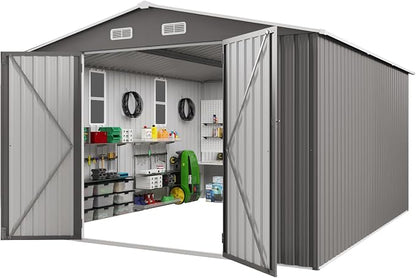 10x12FT Outdoor Storage Shed,Waterproof Large Metal Garden Shed with Double Door and Two Translucent Windows,Vents,Tool Shed for Backyard Patio Lawn Poolside,Gray