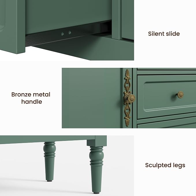 RoyalCraft Buffet Cabinet with 2 Doors & 3 Drawers, Vintage Sideboard with Storage, Painted Coffee Bar Table with Solid Wood Legs, Ideal for Kitchen, Living Room, Dining Room, Green