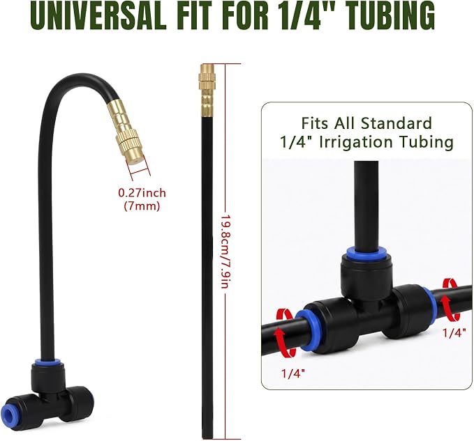 40 Pack Great Value 360° Adjustable Copper Drip Irrigation Nozzles, Flexible Misting Emitters for 1/4" Drip Tubing with 40PCS Quick Connect Fittings for Garden Greenhouse