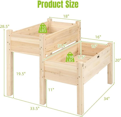 COSTWAY 2-Tier Raised Garden Bed, Sturdy Fir Wood Elevated Planter with Legs for Vegetables, Herbs & Flowers – Indoor & Outdoor Use, Natural Finish